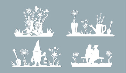 set for the garden. a gnome holds a flashlight, rubber boots with flowers, retro boots with lavender and chamomile, an elderly couple sits on a bench, view from the back. laser cut design. vector. eps