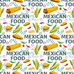 Wall Mural - Flat endless seamless pattern on the theme of Mexican food corn maize and tortillas taco cheetos on a white background