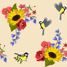 Seamless Vector Illustration With Sunflowers, Poppy, Campanula And Birds On A Beige Background.