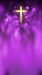 Wall Mural - Golden Christian Cross on liturgic purple vertical copy space banner background. 3D illustration for online worship during the passion for Christ, Confirmation, Good Friday, Palm Sunday, and Pentecost