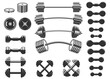 Set of illustrations of weightlifting barbells and dumbells . Design element for logo, label, sign, emblem, banner. Vector illustration