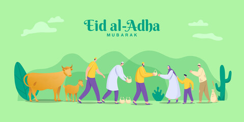 Sticker - Eid al Adha mubarak greeting concept. illustration of sharing the meat of the sacrificial animal that has been cut