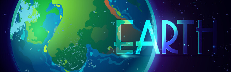 earth cartoon banner, planet in universe digital concept with glowing sphere in outer space. environ