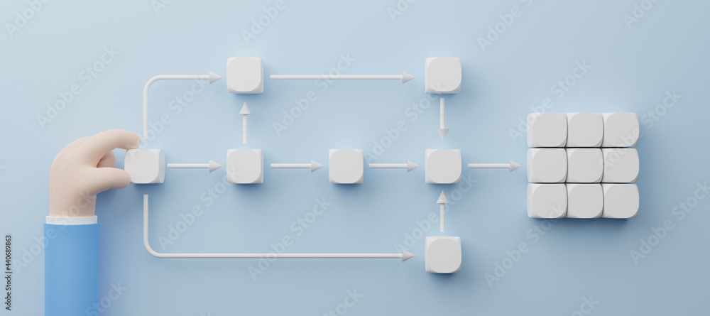 Business process and workflow automation with flowchart. Hand holding white cube arranging processing management. 3d illustration - obrazy, fototapety, plakaty 