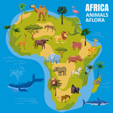Fototapeta Dinusie - Africa animal world map continent. Set tropical animals flora wild savannah jungle fauna. Vector cartoon style illustration