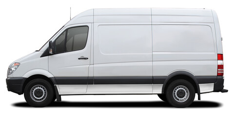 Wall Mural - Side view of a modern cargo short-base American white minibus. Isolated on a white background.