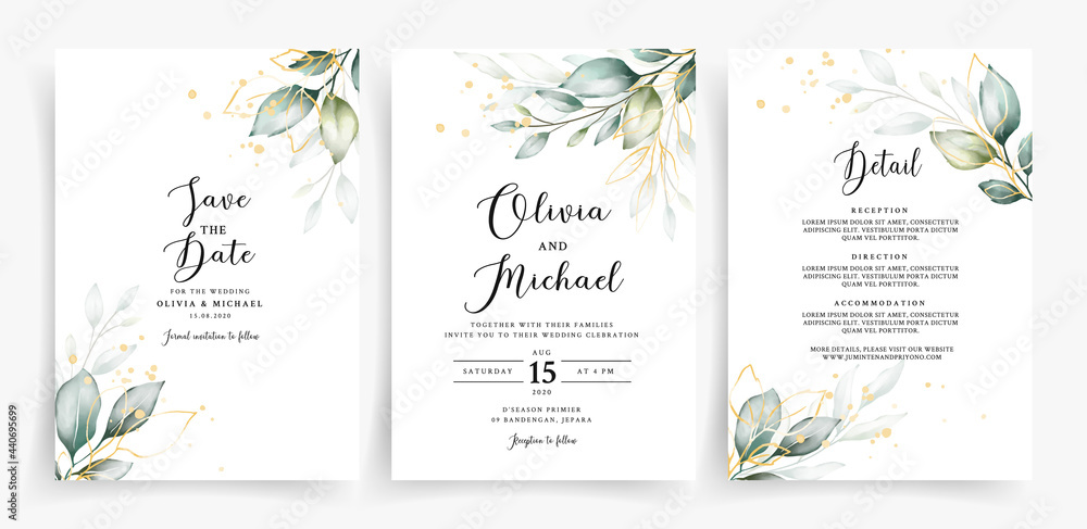 Beautiful greenery with geometric frame on wedding invitation card template  - obrazy, fototapety, plakaty 