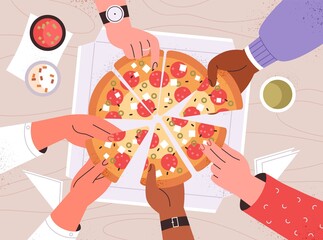 Diverse male and female hands taking triangle pizza slices from box on table. Top view of Italian fast food at corporate party. Hungry friends eating fastfood together. Flat vector illustration