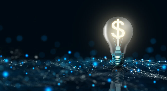 Wall Mural -  - Glowing light bulb with dollar sign inside on dark blue background. Money making idea and Growth of dollar exchange rate Concept. 3D Render.