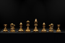 Row Of Chess Piece Used In Playing The Game Of Chess. Business Play Role Stand For Strong Teamwork Ready For Fight Concept.