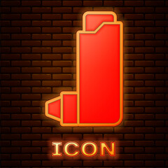 Sticker - Glowing neon Inhaler icon isolated on brick wall background. Breather for cough relief, inhalation, allergic patient. Vector Illustration