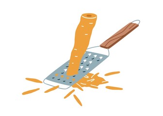 Process of grating fresh raw carrot with metal sharp hand grater. Preparing vegetable ingredient for cooking. Flat vector illustration of steel kitchen tool isolated on white background