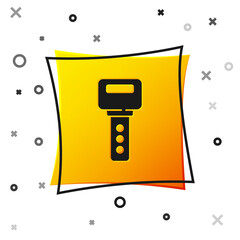 Poster - Black House key icon isolated on white background. Yellow square button. Vector