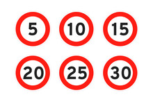 Speed Limit 5,10,15,20,25,30 Round Road Traffic Icon Sign Flat Style Design Vector Illustration Set Isolated On White Background. Circle Standard Road Sign With Number Kmh.