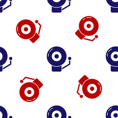 Wall Mural - Blue and red Ringing alarm bell icon isolated seamless pattern on white background. Alarm symbol, service bell, handbell sign, notification symbol. Vector