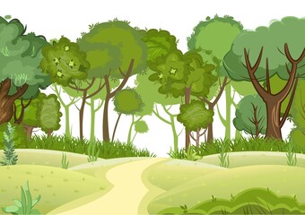 Forest road. Summer landscape. Dense foliage. Views of hills and green trees. Cartoon flat style. Light foggy thickets. Nature illustration. Isolated. Trunks of trees. Vector