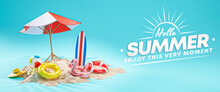 Hello Summer Design Banner Vacation Concept. Beach Umbrella Blue Backdground 3D Rendering