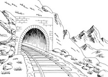 Train Tunnel Mountain Railroad Graphic Black White Landscape Sketch Illustration Vector 