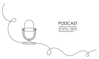 continuous one line drawing of podcast microphone. vintage old mike in simple thin linear style for 