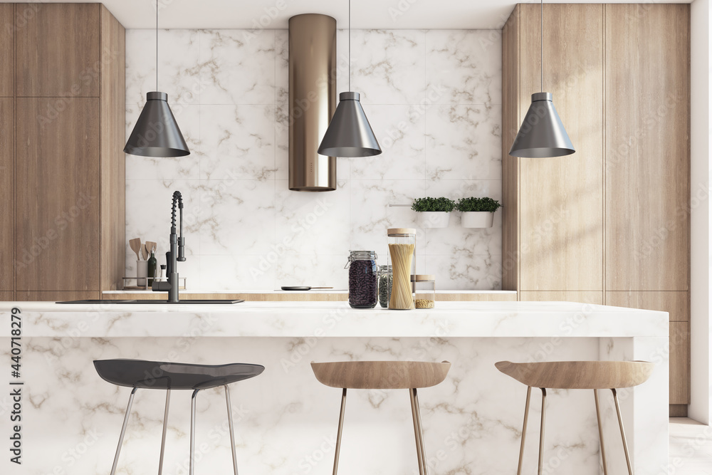 Modern kitchen interior with island and marble. 3D Rendering. Stock ...