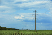 Field With Telephone Poles Under Cloudy Sky