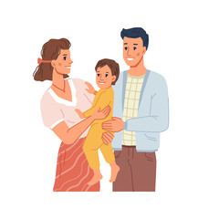 Wall Mural - Happy strong family with child, mom and dad smiling holding kid on hands. Mother with kiddo, father cuddling wife and toddler. Parenting and childhood happiness. Flat cartoon character, vector