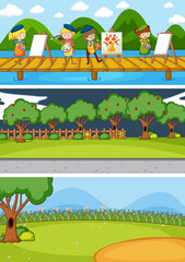 Poster - Set of different horizontal scenes background with doodle kids cartoon character