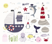 Sea, Ocean Clipart Set, Bear Pirate, Ship, Lighthouse, Shark, Animals, Fish, Isolated On White. Hand Drawn Vector Illustration. Scene Creator. Scandinavian Style Flat Design. Concept For Kids Print