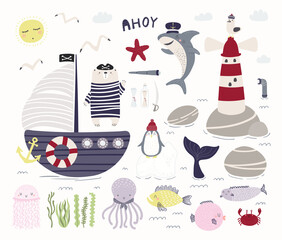 Wall Mural - Sea, ocean clipart set, bear pirate, ship, lighthouse, shark, animals, fish, isolated on white. Hand drawn vector illustration. Scene creator. Scandinavian style flat design. Concept for kids print