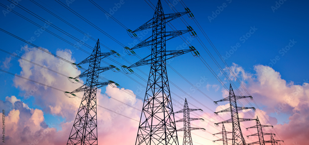 High voltage power lines in the sky - 3D illustration - obrazy, fototapety, plakaty 