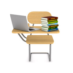 Sticker - School desk, pile books and laptop on white background. Isolated 3D illustration