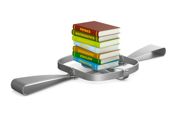 Wall Mural - bear trap and stack of hardcover text books on white background. Isolated 3D illustration