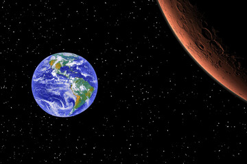 Wall Mural - mars and earth. distance between them. space for text. the elements of this image furnished by nasa.
