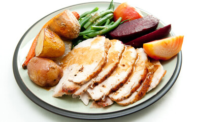 Wall Mural - High angle shot of sliced turkey with roasted potatoes and veggies