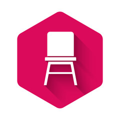 Poster - White Chair icon isolated with long shadow. Pink hexagon button. Vector