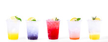 Set Of Italian Soda Fruit Drink Mix With Soda. Lemon, Blueberry, Strawberry, Peach And Yuzu Orange Soda. Cocktail Summer Refreshment Drink Isolate On White Background.