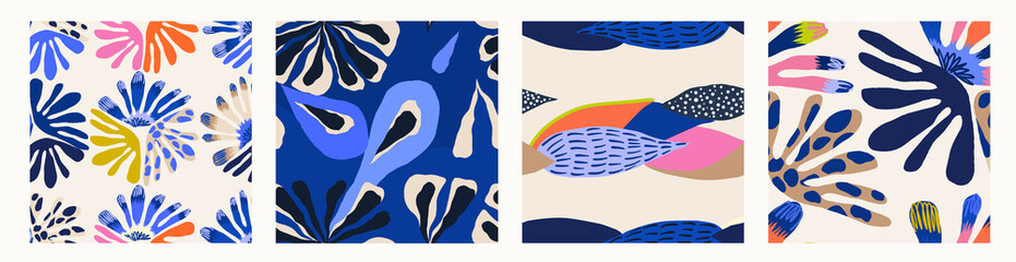 Modern colorful abstract patterns. Hand drawn trendy illustrations. Creative collage seamless patterns. 