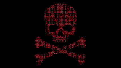 High tech motion graphic, with animated binary code theme, with red high tech hacker style skull and crossbones motif, on a black background
