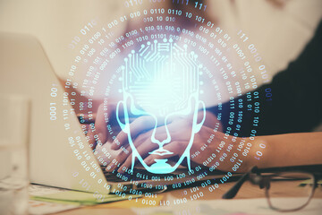 Multi exposure of woman hands working on computer and brain hologram drawing. Ai concept.