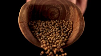 Poster - Super slow motion from a wooden scoop drops mustard. On a black background.Filmed on a high-speed camera at 1000 fps.