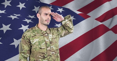 Poster - Composition of male soldier saluting over american flag