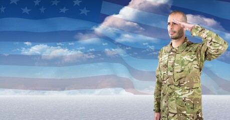 Poster - Composition of male soldier saluting over american flag