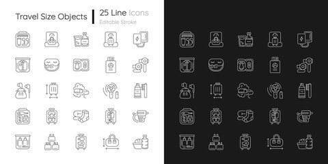 Canvas Print - Travel size objects linear icons set for dark and light mode. Portable stuff for flight passenger. Customizable thin line symbols. Isolated vector outline illustrations. Editable stroke