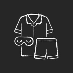 Poster - Pajamas chalk white icon on dark background. Unisex pyjamas and eyewear. Pants and shirt for sleep. Bedroom clothing for nighttime. Everyday sleepwear. Isolated vector chalkboard illustration on black