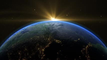 Wall Mural - sunrise and shadow on the earth rotate in space with star in universe. world realistic atmosphere 3d