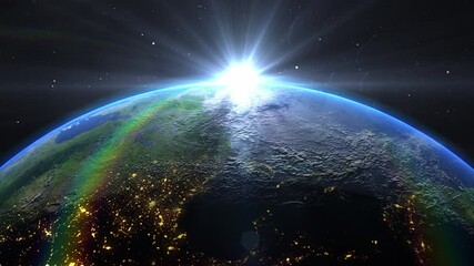 Wall Mural - sunrise and shadow on the earth rotate in space with star in universe. world realistic atmosphere 3d