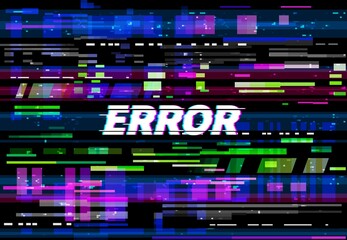 Aufkleber - Glitch error screen vector background of VHS video problem with color pixel noise and lines. Digital glitch texture of computer data crash, tv no signal code, display failure, bug or fail