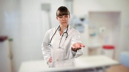 Sticker - Caucasian female doctor holding an invisible object against hospital in background