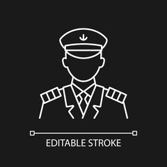 Sticker - Male captain white linear icon for dark theme. Person controling all cruise crew. Providing service. Thin line customizable illustration. Isolated vector contour symbol for night mode. Editable stroke