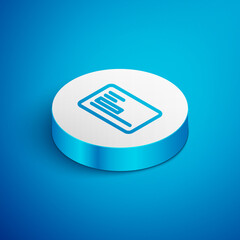 Poster - Isometric line Visiting card, business card icon isolated on blue background. Corporate identity template. White circle button. Vector